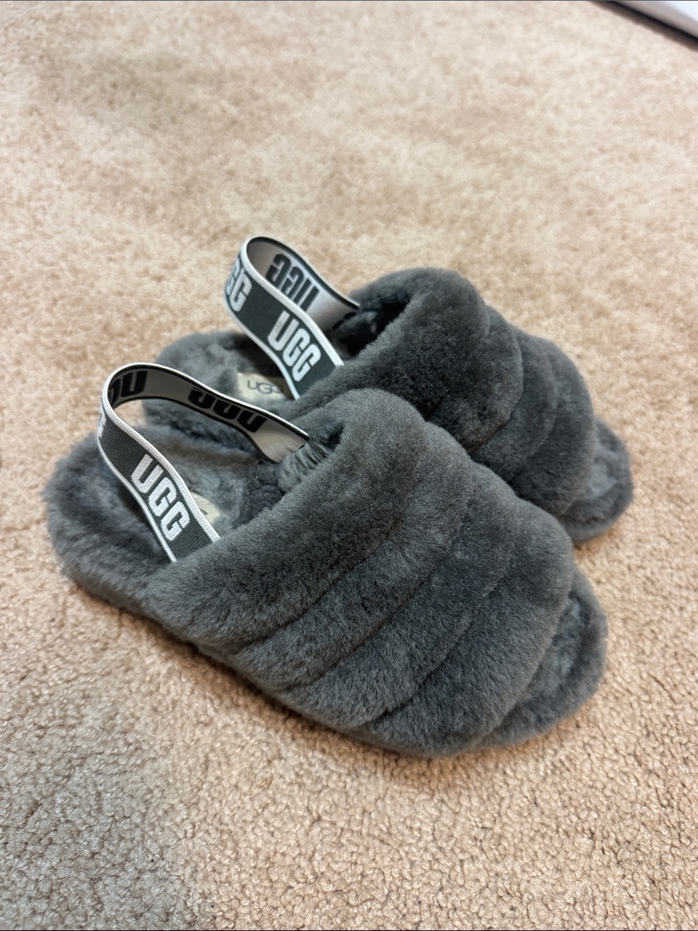 UGG Women's Charcoal Gray Shearling Fluff Slide with Logo Sling